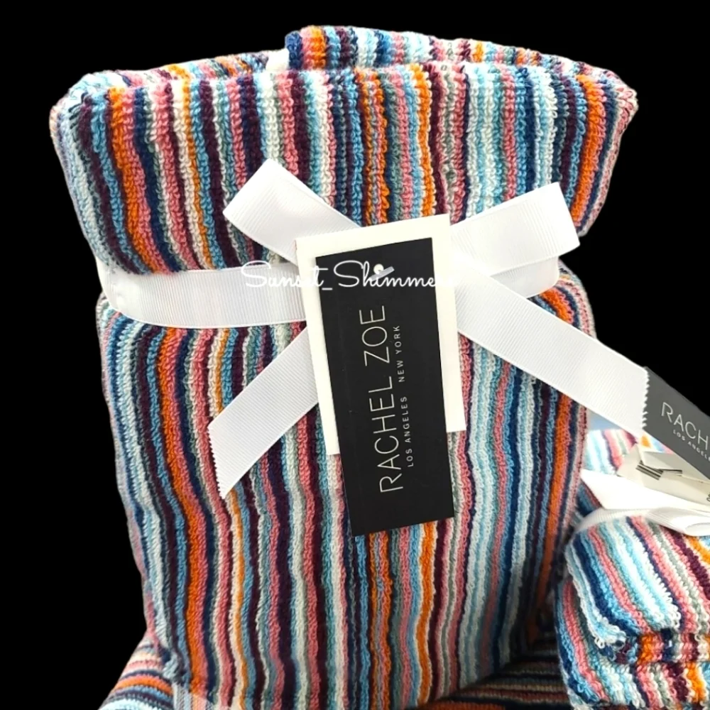2 Piece Rachel Zoe Fall Rainbow Striped Multicolored Hand Towel Set NEW